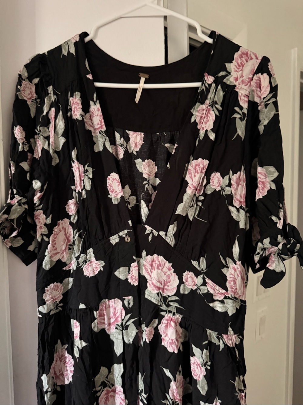 Black Reformation Floral Midi Dress with Pink Roses - Picture 2 of 5